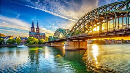 Fototapeta premium Majestic Rhine River Bridge: Scenic View with Copy Space for Text