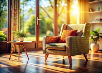 Fototapeta premium Modern living room, tilt-shift perspective; cozy armchair, abundant natural light defines the space.