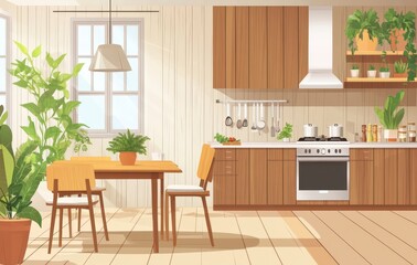 Fototapeta premium Modern Bright Kitchen with Plants and Cozy Dining Area Layout