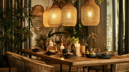 Luxurious Dining Space Featuring Bamboo Light Fixture and Décor