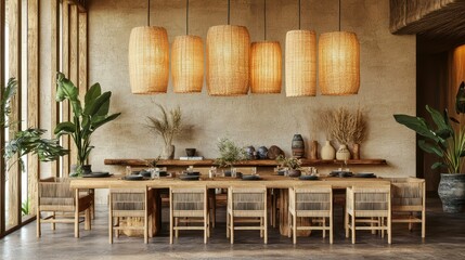 Luxurious Dining Space with Bamboo Light Fixtures and Natural Decor