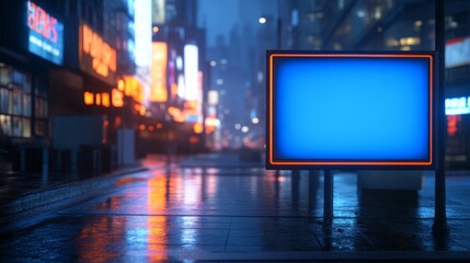 Neon Lit Street Scene Featuring a Blue Rectangle Mockup Billboard at Night