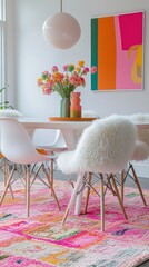 Colorful flowers sit in a stylish vase on a modern table surrounded by white chairs adorned with sheepskin covers. A vibrant rug and art add charm to the bright setting