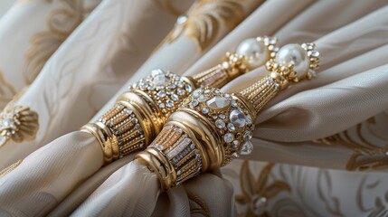 A pair of designer curtain tiebacks with crystal accents, emphasizing their elegant design and sparkling details.