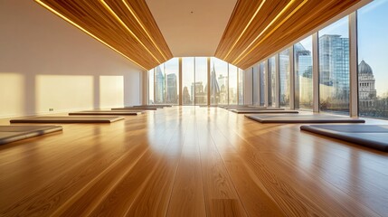 Serene Yoga Studio with City View  Mindfulness  Wellness  Pilates  Fitness  Tranquility