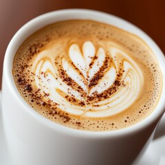 Close-up of a beautifully crafted latte art in a white cup on a wooden table