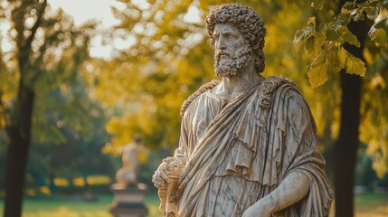 Fototapeta premium Majestic Marble Sculpture of Greek God in Sunlit Park Setting