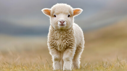Obraz premium Cute lamb in field, spring, nature background, farm animal