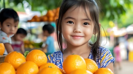 Smiling Girl Holding Oranges at Vibrant Outdoor Market Scene