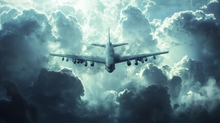 Naklejka premium Military Transport Plane Descending Through Dramatic Cloud Formation