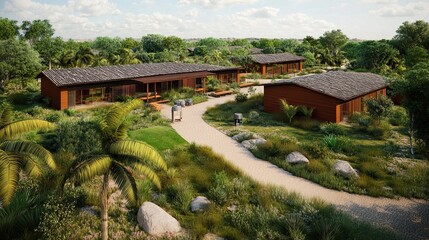 Fototapeta premium Tropical Resort Buildings Lush Landscaping Sunny Day