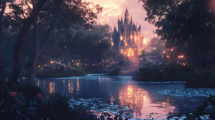 Obraz premium A gothic castle nestled in an enchanted forest, bathed in the soft glow of dusk, a mystical pathway leading to its grand entrance. Surreal Glowing Pathways. Illustration