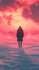 Obraz premium A solitary figure stands on snow, silhouetted against a vibrant pink sunset.