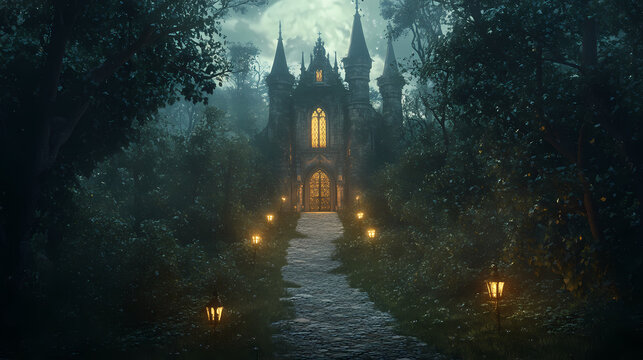 A gothic castle nestled in an enchanted forest, bathed in the soft glow of dusk, a mystical pathway leading to its grand entrance. Surreal Glowing Pathways. Illustration