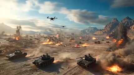 A chaotic battlefield scene where coordinated anti drone tactics are being employed by tanks amidst explosions smoke and the chaos of military combat