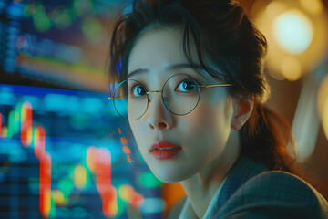 modern businesswoman, in a softly lit space, an elegant asian woman in a suit studies a market chart on her computer, conveying professionalism and sophistication with realistic and engaging
