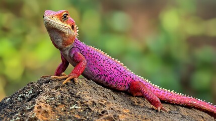 Vibrant Lizard Resting on Rock with Colorful Scales in Nature