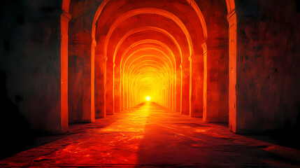 Obraz premium Abstract architectural corridor with orange sunset glow at the end. Surreal Glowing Pathways. Illustration