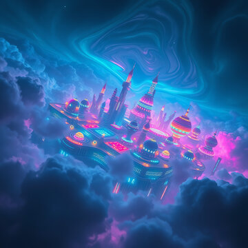 Fantasy city floating amidst vibrant clouds and swirling nebu