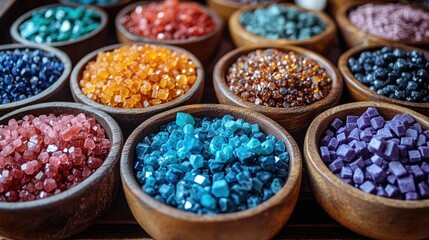 Colorful crystals in wooden bowls, shop display, close-up