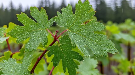 Close-up of a fresh green grape leaf with raindrops in a vineyard setting