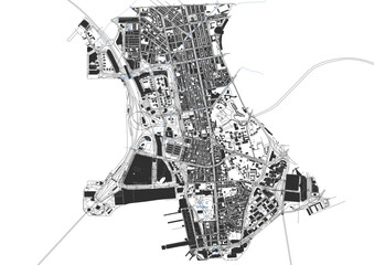 vector map of buildings, waterway and highways in yau tsim mong district in hongkong with black and white color