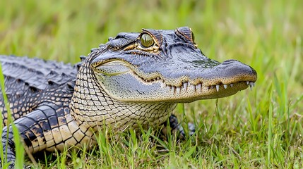 Fototapeta premium Detailed Close-Up of a Crocodile on Green Grass in Natural Habitat