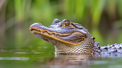 Fototapeta premium Close-up of Alligator Head Surrounded by Lush Greenery and Water