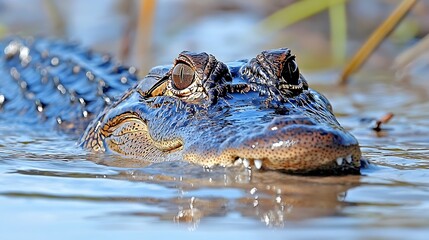 Fototapeta premium Close-Up of Alligator Head Emerging from Calm Water Surface