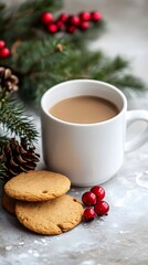 Fototapeta premium Cozy holiday scene with a cup of coffee and delicious cookies.