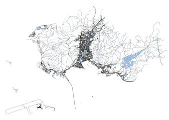 Obraz premium vector map of buildings,waterway and highways in tuen mun district in hongkong with black and white color