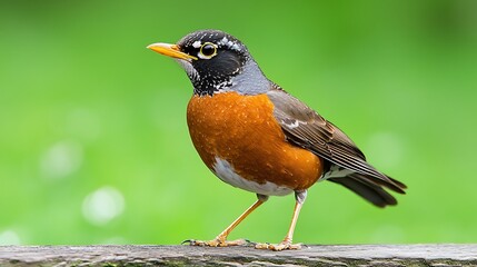 Vibrant American Robin Standing on a Wooden Fence in Springtime