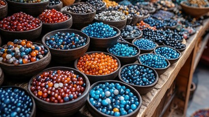 Colorful gemstone beads displayed at market stall