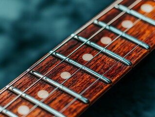 Close-up of a guitar fretboard showcasing polished wood and metal frets