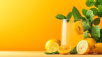 A refreshing and visually appealing flat lay composition featuring a glass of water sliced lemons and fresh mint leaves  This image evokes a sense of summer wellness and a healthy lifestyle