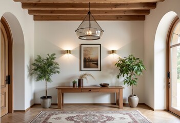 Elegant Home Entryway Design: Light Wood & Cream Color Palette, Arched Doorways, Vintage Runner Rug, Rustic Wooden Console Table, Glass Pendant Lamp, Greenery, Natural Light & Wooden Beams

