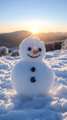 Obraz premium A cheerful snowman stands against a vibrant winter sunset.
