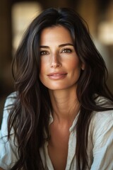 Obraz premium Natural Portrait of a Beautiful Woman with Long Dark Hair and Smile