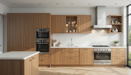 blurred Modern brown white kitchen interior with a empty wooden table and cabinets in a well-designed home