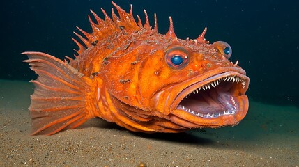 Vibrant Orange Fish with Spiky Texture Swimming in Deep Water