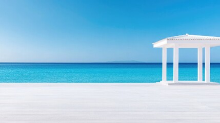 Fototapeta premium White gazebo on beach, clear sky, calm sea; summer vacation