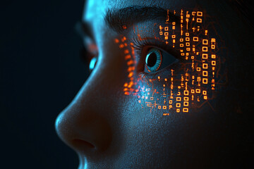 close up of human face with augmented reality display, showcasing glowing digital patterns on skin and around eye, creating futuristic and technological atmosphere