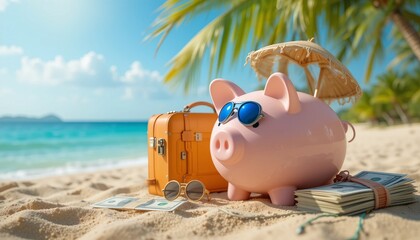 Piggy bank on the spring beach with blue sky, saving money concept