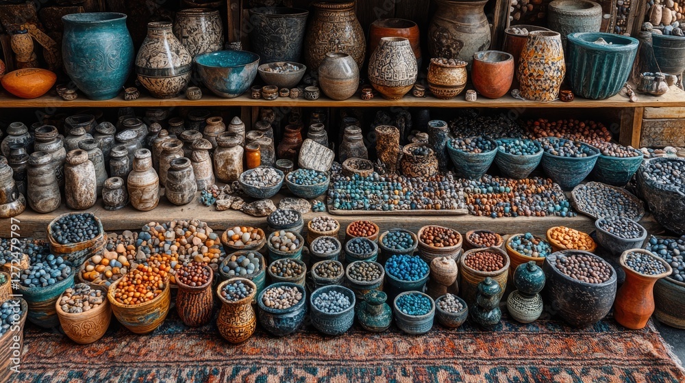 Wall mural Colorful pottery, beads market stall, desert backdrop