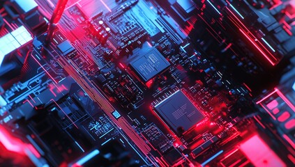 Obraz premium Exploring Futuristic Circuit Boards: Red and Blue Neon Glow, Complex Electronic Components, Detailed Wiring, Advanced Technology