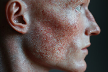 Close up of digital human with AI coded skin texture, showcasing intricate details and realistic features. image evokes sense of advanced technology and artistry