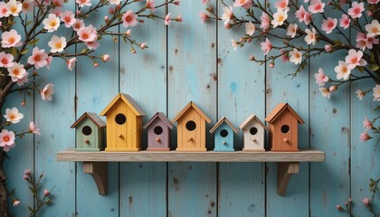 Colorful wooden birdhouse on a tree with a small nesting hole in a garden during spring