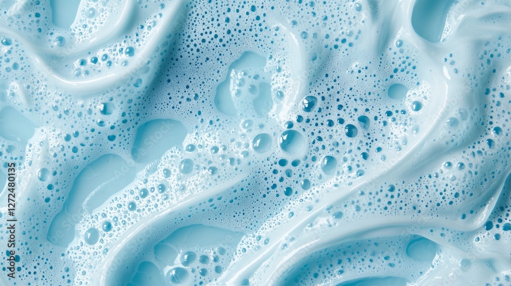 Poster Soft soap foam creates an enchanting pattern with delicate bubbles and smooth swirls in calming blue hues. This peaceful texture invites relaxation and creativity in everyday routines