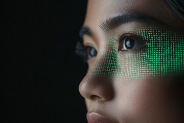 Close up portrait of person with digital code overlay on face, showcasing technology and innovation. eyes reflect curiosity and depth in modern context