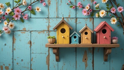 Colorful wooden birdhouse on a tree with a small nesting hole in a garden during spring